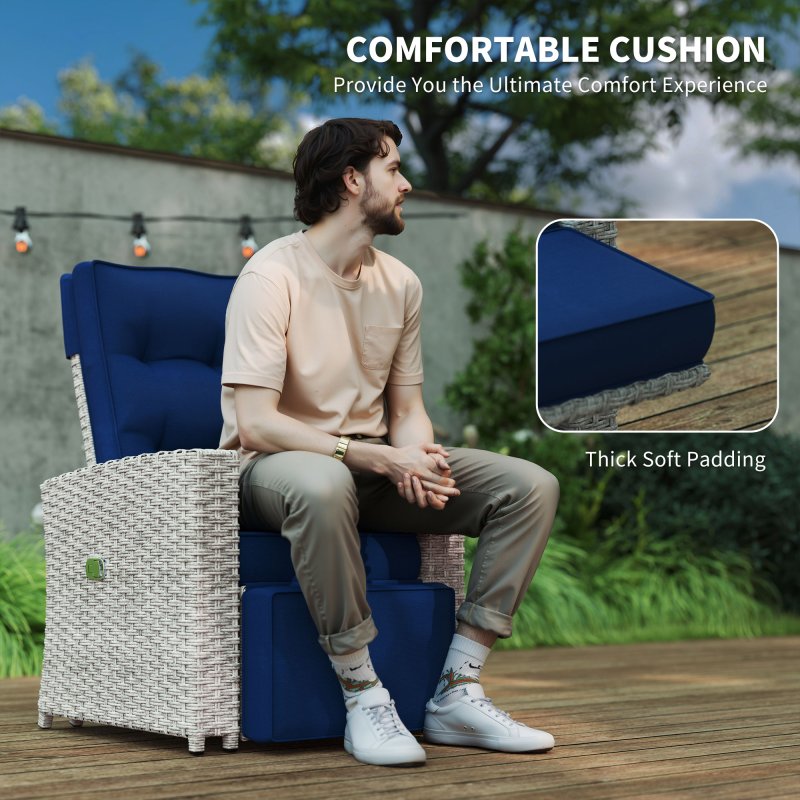 Outsunny 4 Piece Rattan Garden Furniture Set with Adjustable Backrest, Wicker Outdoor Furniture Sofa Set with Loveseat, Reclining Armchairs, Thickened Cushions and Glass Top Table, Navy Blue