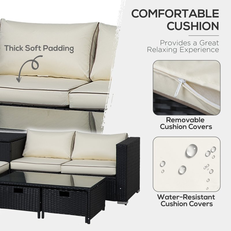 Outsunny 4 Pieces Rattan Garden Furniture Set, 4 Seater Corner Sofa Set with Storage Box, 2 Drawers Coffee Table, Loveseats with Cushions, Wicker Garden Conservatory Furniture for Balcony, Black