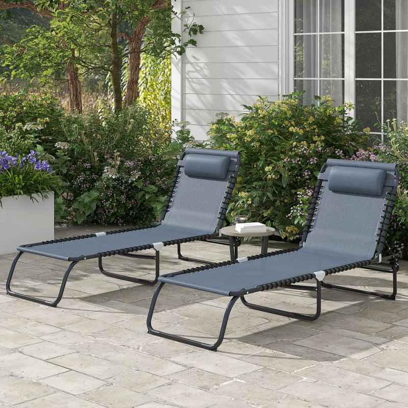Outsunny 2 Piece Foldable Sun Loungers, Outdoor 4 Level Adjustable Backrest Reclining Chaise Chairs, Steel Frame Recliner Chair for Camping, Hiking, Grey