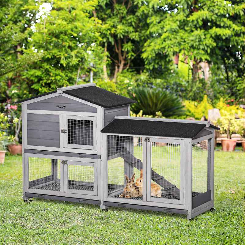 PawHut Rabbit Hutch Outdoor with Run Guinea Pig Hutch 2-Tier Bunny Cage w/ Wheels No-Leak Plastic Tray 157.4 x 53 x 99.5 cm - Grey