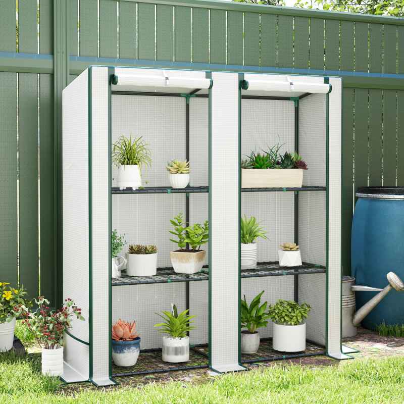 Outsunny 3 Tier Lean-to Mini Greenhouse with Reinforced PE Cover, Portable Small Greenhouse with Roll-Up Door, Green Hemmed Edging, 144 x 48 x 152cm, White