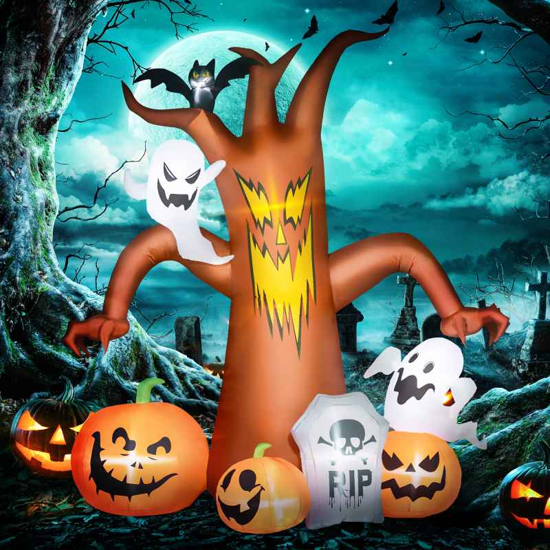 Outsunny 7.9FT Tall Halloween Inflatable Ghost Tree with Pumpkins, White Ghosts and Tombstone, Blow-Up Outdoor Halloween Decoration for Lawn, Garden, Party