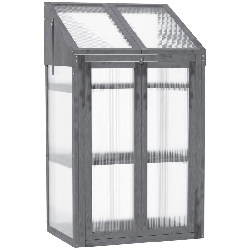 Outsunny Wooden Cold Frame Polycarbonate Greenhouse with Openable Top Cover and Double Door, Grow House for Flower, Vegetable and Plants, 70 x 50 x 120cm, Grey