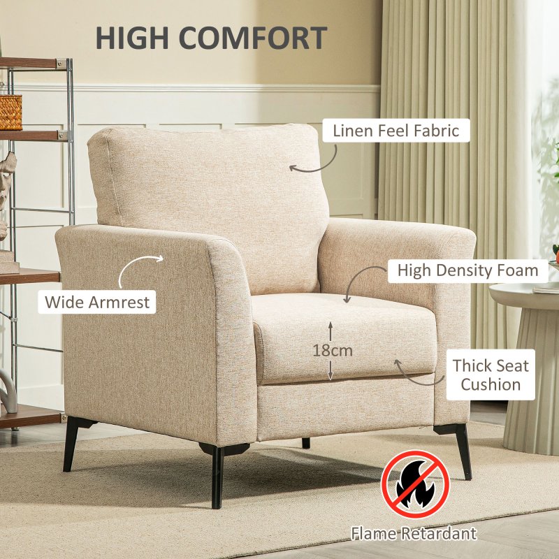 HOMCOM Modern Armchair, Upholstered Linen Fabric Accent Chair with Metal Legs, Wood Frame and Thick Padded Cushion for Living Room Bedroom Office, Beige