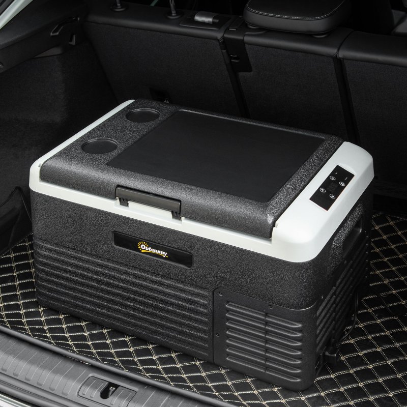 Outsunny 30L Car Refrigerator, Portable Compressor Car Fridge Freezer, Electric Cooler Box with 12/24V DC and 110-240V AC for Camping, Driving, Picnic, Down to -20°C, Grey and Black