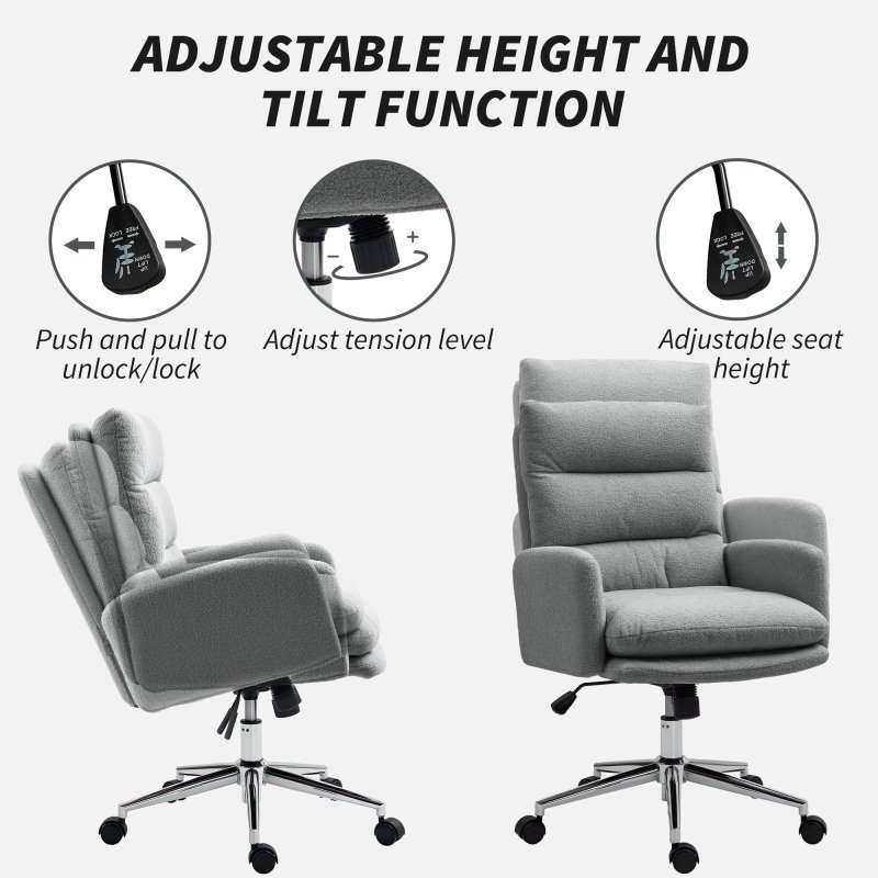 HOMCOM Home Office Chair, Upholstered Sherpa Fleece Desk Chair with Height Adjustable, Tilt Function and 360° Swivel Wheels for Home Office and Study Room, Grey