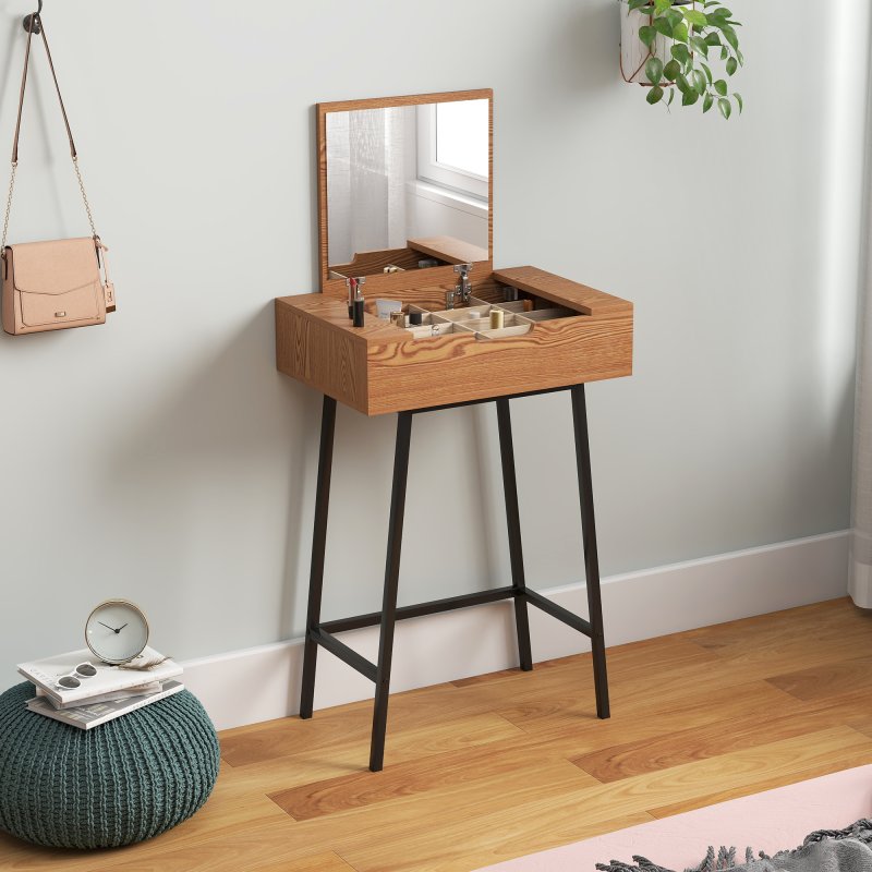 HOMCOM Dressing Table with Flip-Up Mirror, 16 Small Compartments, Industrial Vanity Desk, Makeup Desk with Steel Legs for Bedroom, Natural Wood Effect