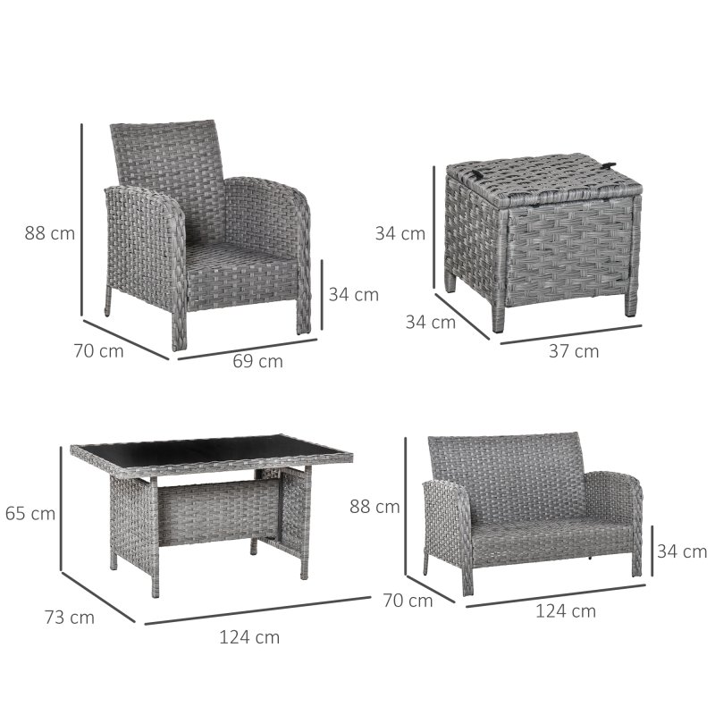 Outsunny 6 Pieces Rattan Garden Furniture Set, 6 Seater Garden Sofa Set with Glass Top Dining Table, Loveseat, 2 Armchairs and Ottomans, Wicker Outdoor Conservatory Furniture for Patio, Grey
