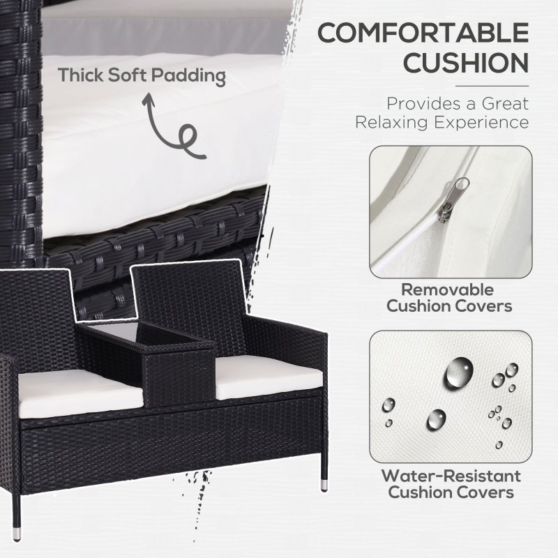 Outsunny 2 Seater Rattan Sofa with Cushions, Wicker Garden Loveseat with Armrests, Outdoor Garden Sofa Couch with Metal Frame for Patio, Black