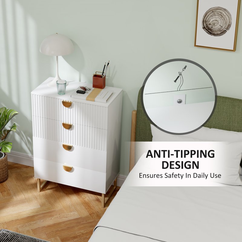 HOMCOM Bedroom Chest of Drawers with Gold Tone Handle, Modern Fluted 4-Drawer Dresser with Metal Legs for Living Room, Hallway, White