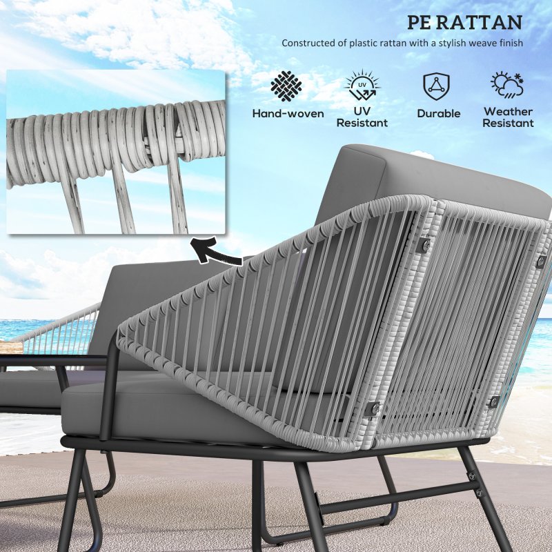 Outsunny 4 Piece Rattan Garden Furniture Set, Wicker Patio Outdoor Furniture Set with Loveseat, Armchairs, Glass Top Coffee Table and Cushions for Patio, Conservatory, Balcony, Grey