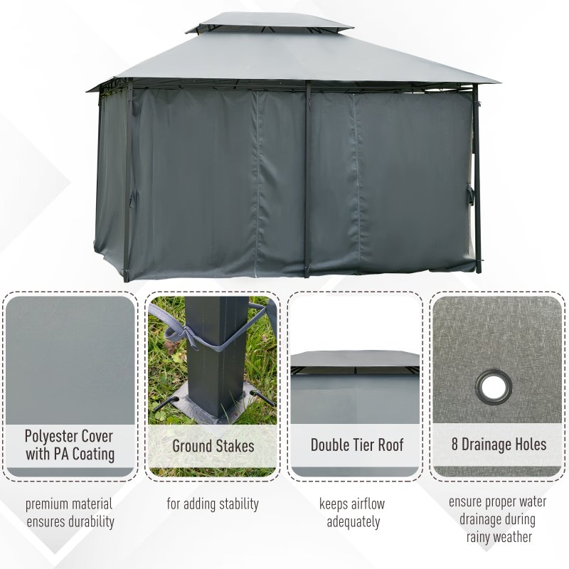 Outsunny 4m x 3(m)Garden Gazebo, Double Roof Outdoor Gazebo Canopy Shelter with Curtains, Solid Steel Frame for Patio, Garden, Grey