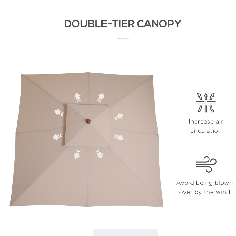 Outsunny 3 x 3 (m) Garden Parasol Umbrella, Large Square Outdoor Patio Sunshade Canopy with Double Tier, 48 mm Wooden Pole, 8 Ribs for Balcony, Beige