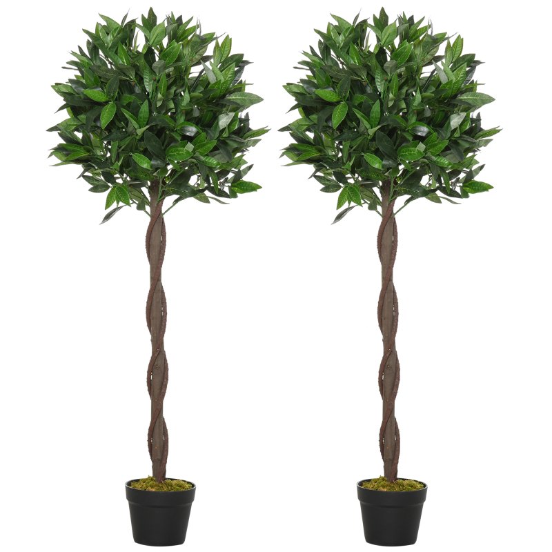 Outsunny Artificial Bay Laurel Topiary Trees w/ Pot Fake, Set Of 2 120cm/4FT Indoor Outdoor Greenery Plant Home Office Garden Decor Green