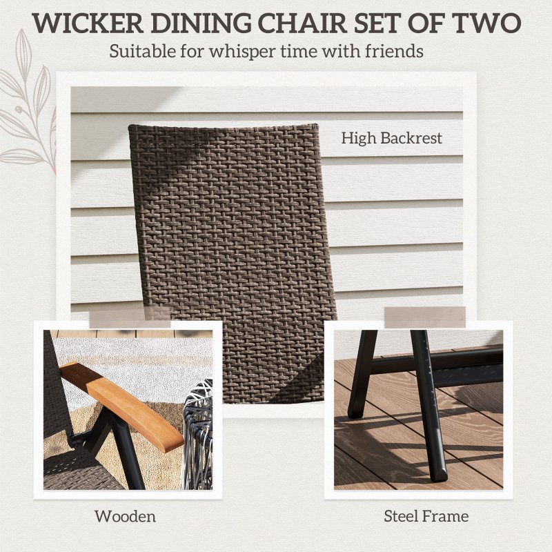 Outsunny 2 Pieces Outdoor Folding Dining Chair, PE Rattan Chair with Armrests, High Backrest, for Garden, Camping, Balcony, Porch, Brown