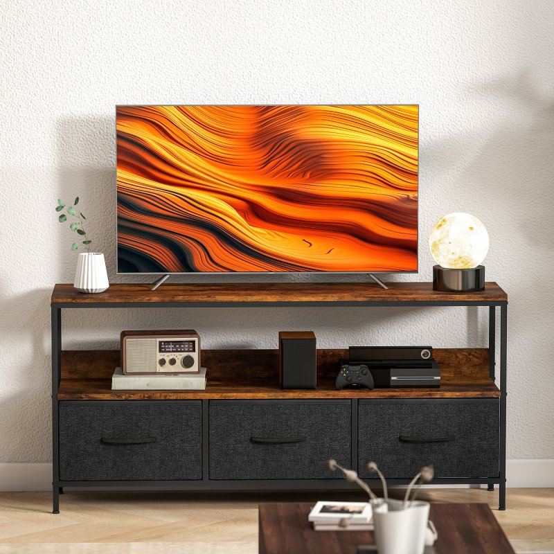 HOMCOM TV Stand Cabinet up to 55-inch, TV Unit with 3 Foldable Linen Drawers, Open Shelf for Living Room, Bedroom, Entertainment Room, Rustic Brown