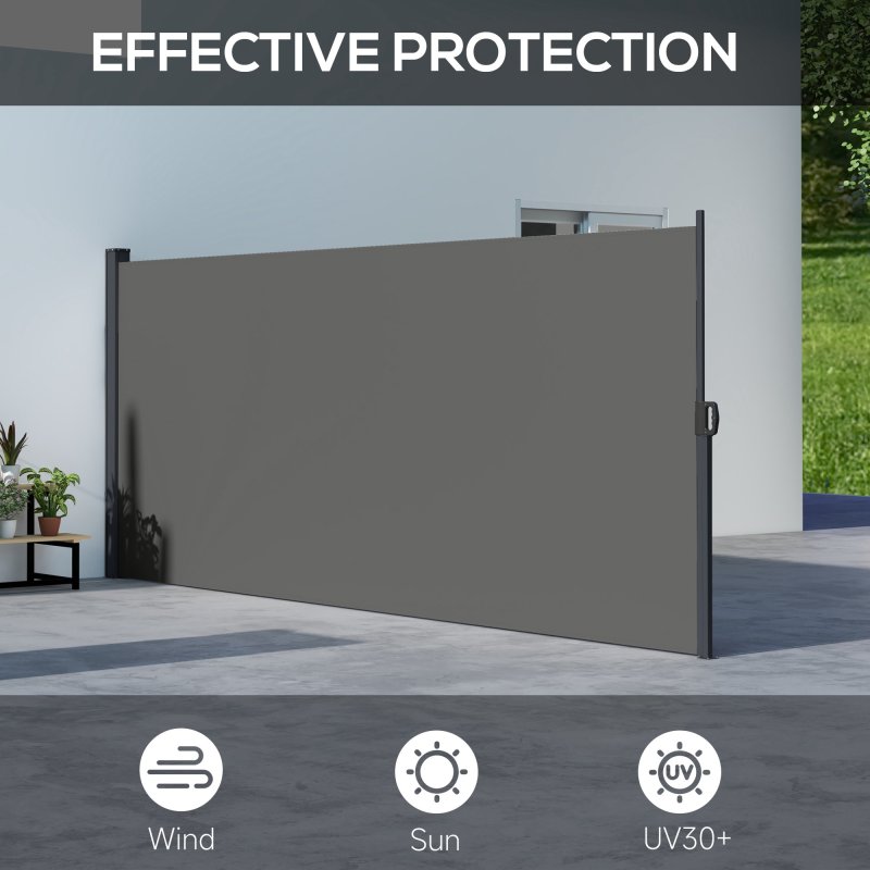 Outsunny Retractable Side Awning, Garden Privacy Screen Divider, Full Cassette Wind Breaker for Hot Tub, Balcony, Terrace, Pool, 400 x 160cm, Dark Grey