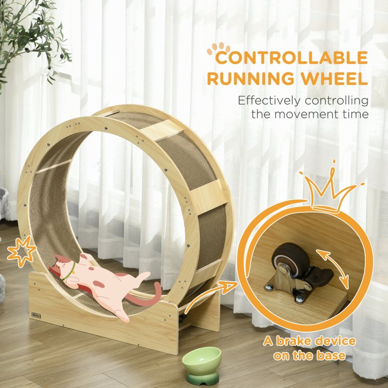 PawHut Cat Wheel for Indoor Cats, Cat Treadmill with Brake, Scratching Pads, Cat Exercise Wheel for Health - Oak Tone