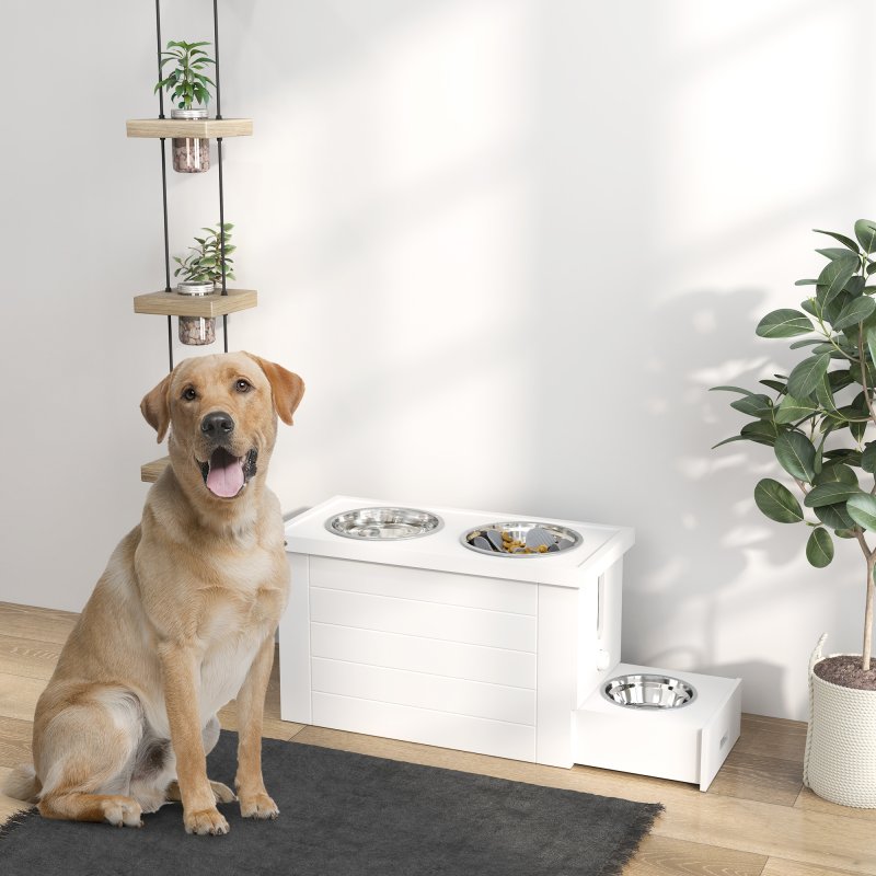 PawHut Raised Dog Bowls, Dog Feeding Station with Slow Feeder Mat, Storage Cabinet, 3 Stainless Steel Bowls, Semi-Auto Dispenser Function, for Large, Extra Large Breeds, White