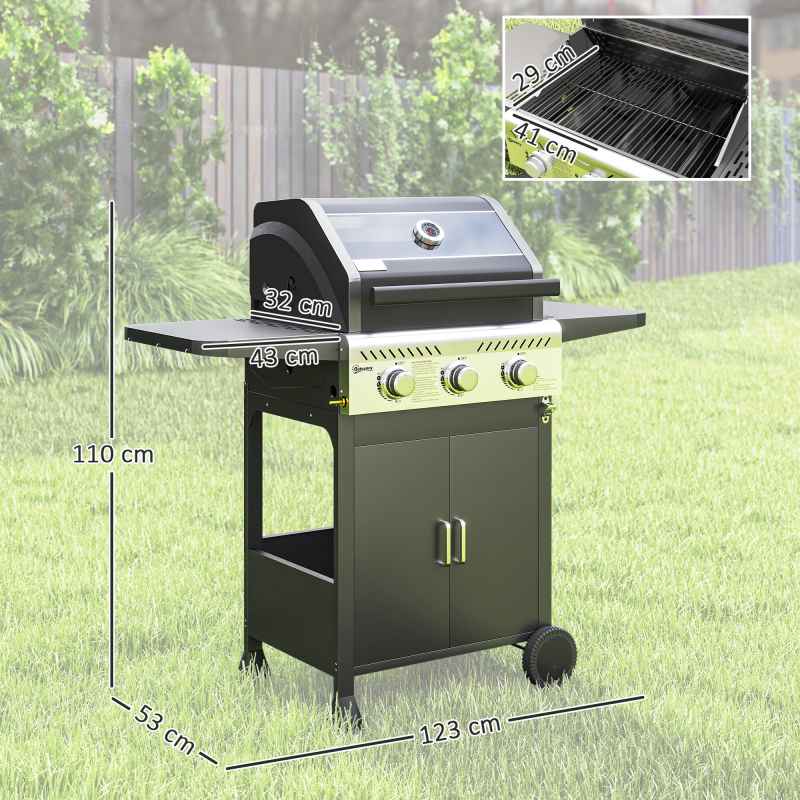 Outsunny 3 Burner Gas BBQ Trolley with See-through Lid, 7.5 kW Propane Gas Barbecue Grill with Thermometer, Wheels, Warming Rack, Shelves, Black