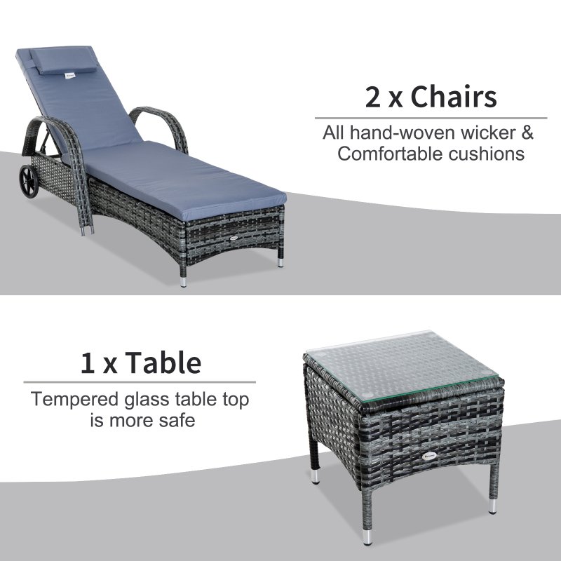 Outsunny 3 Pieces PE Rattan Patio Lounge Chair Set, Outdoor Recliner Lounge Chairs with Wheels, for Outside with Cushions, Headrest, Coffee Table for Garden, Poolside, Grey