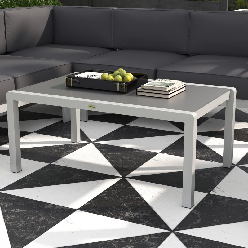 Outsunny 5-Piece Garden Corner Sofa Set with Cushions, 6 Seater Aluminium Garden Furniture Set with Glass Top Coffee Table, Patio Sectional Conservatory Furniture for Patio & Terrace, Light Grey