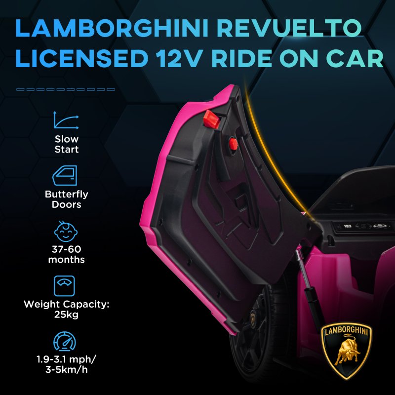 AIYAPLAY Lamborghini Revuelto Licensed Electric Car for Kids with Butterfly Doors, 12V Kids Electric Ride On with Suspension, Remote Control, LED Lights, Horn, USB, MP3 for 3-5 Years, Pink