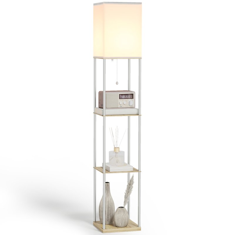 HOMCOM Modern Floor Lamp with Shelves, 3 Layer Shelf Tall Standing Lamp with Fabric Lampshade, Pull Chain Switch for Living Room, Bedroom, Bulb not Included, White