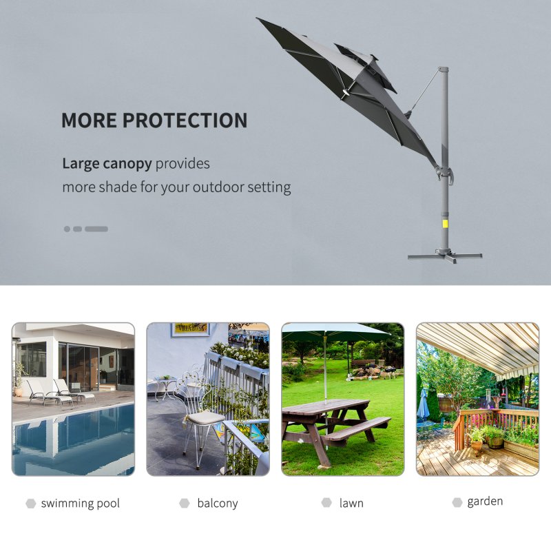 Outsunny 3(m) Cantilever Roma Parasol with LED Solar Lights, Crank & Tilt, Aluminium Frame, Cross Base and Adjustable Canopy 360 Degrees Rotating Sun Umbrella with 2-Tier Shade, Grey