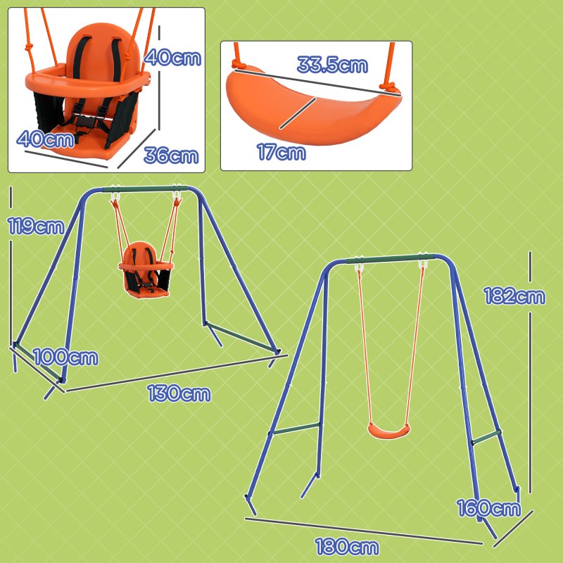 Outsunny 2 In 1 Nursery Swing for Toddlers, Kids, Garden Swing Set with Comfortable Seats, Safety Belt for Indoor, Outdoor Play - Blue and Orange