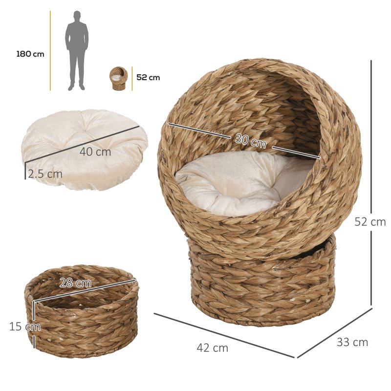 PawHut Wicker Cat House, Raised Cat Bed with Cylindrical Base, Soft Washable Cushion, Woven Water Hyacinth Cat Basket for Indoor and Outdoor, 42 x 33 x 52 cm - Brown