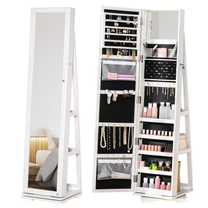 HOMCOM 360° Swivel Jewellery Cabinet with Full Length Mirror, Lockable Jewellery Organiser with Built-in Makeup Mirror and Storage Shelves for Bedroom, White