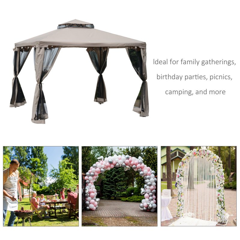 Outsunny 3 x 3 m Metal Gazebo, Garden Pavillion, Double Roof Outdoor Canopy Shelter with Mesh Sidewalls, Taupe