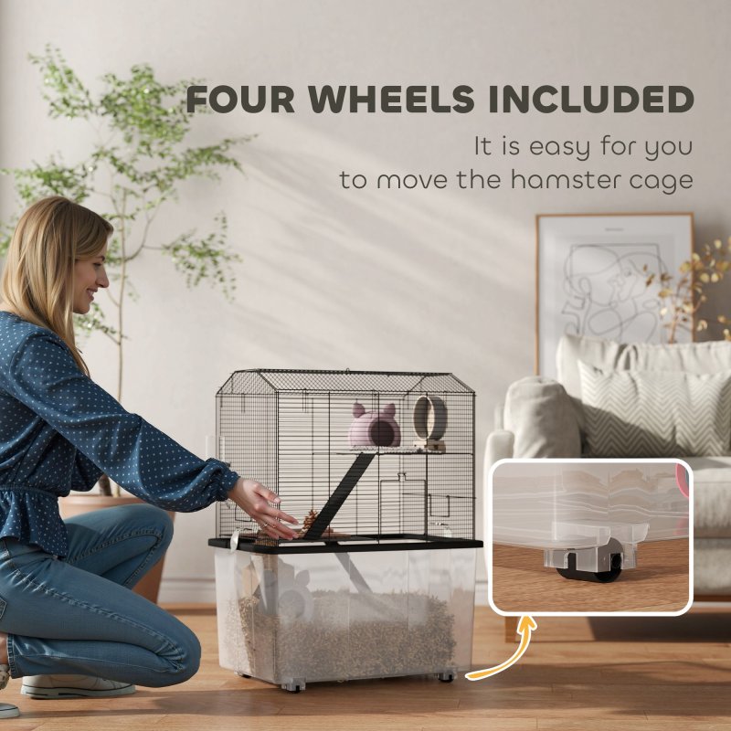 PawHut Hamster Cage, Gerbil Cage 3 Tier with Wheels, Deep Bottom, Ramps, Food Dish, Water Bottle, for Dwarf, Syrian, 57 x 43 x 74cm - Black