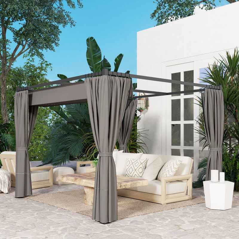 Outsunny 3 x 3(m) Pergola with Retractable Roof Canopy and Curtains, Metal Frame Garden Gazebo Outdoor Sun Shade Shelter for Grill, Patio, Deck, Light Grey