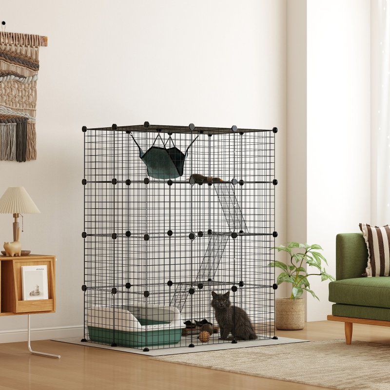 PawHut Cat Cage Indoor, DIY 4 Tier Wire Cat Enclosure with Hammock, Ramps, Doors, Jumping Platforms, Detachable Catio Indoor for 1-3 Cats, 105 x 70 x 140 cm, Black