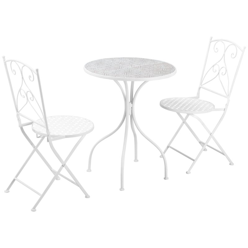 Outsunny 3 Pieces Garden Bistro Set, Folding Outdoor Single Chairs and Mosaic Garden Table Furniture Set for Patio, Balcony, Deck, White