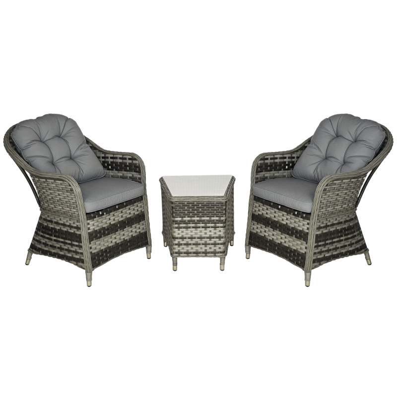 Outsunny 3 Pieces Rattan Bistro Set, Wicker Garden Bistro Set, Glass Top Balcony Table and Chairs with Cushions for Outdoor, Patio, Balcony, Grey