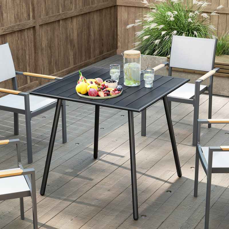 Outsunny Garden Dining Table for 4 Person, Square Outdoor Table with Easy Clean Slat Top, Rust Resistant Steel Frame, for Terrace, Balcony, 80 x 80 x 74 cm, Black