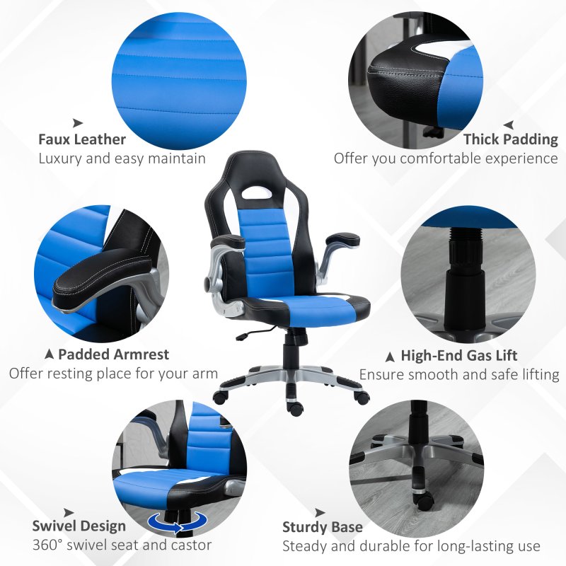 HOMCOM Computer Gaming Chair, Office Desk Swivel Chair, PU Leather Racing Chair with 90?? Flip-up Armrest, Adjustable Height and Rolling Wheels, Blue