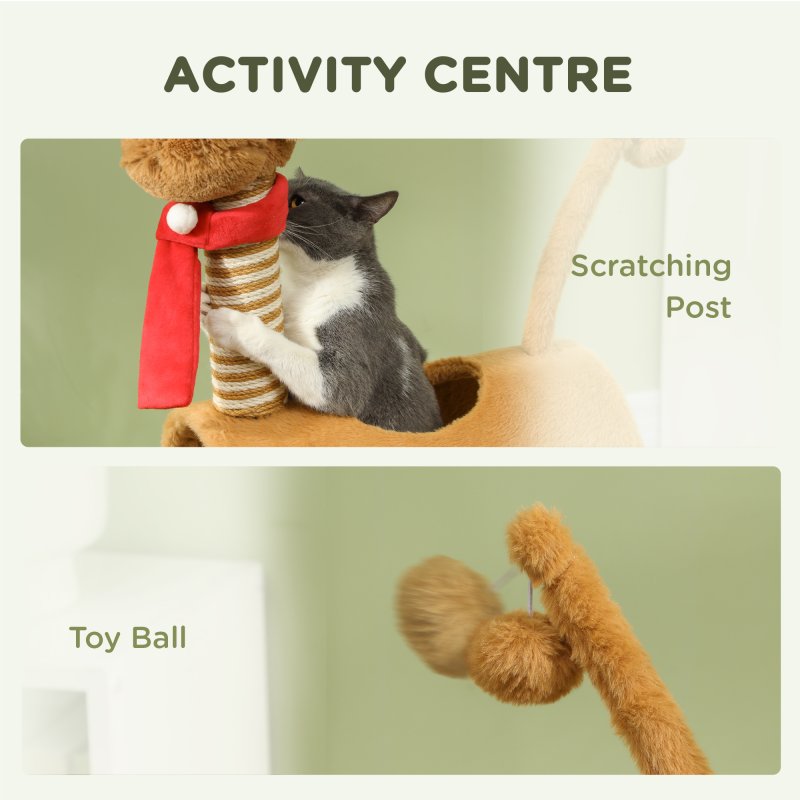 PawHut Cat Tree, 98cm Deer-Designed Cat Tower for Indoor Cats, Kittens, with Scratching Posts, Toy Ball, Tunnel, Brown