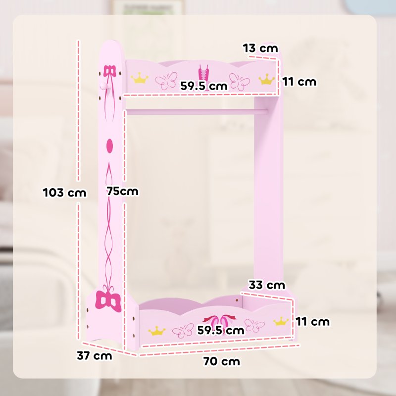 AIYAPLAY Wooden Kids Clothes Rail, Dress Up Rail with Top, Bottom Storage Shelves, for 3 Years+, 70 x 37 x 103cm, Pink