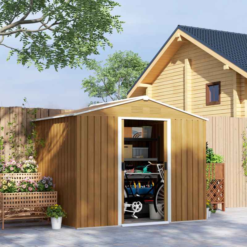 Outsunny 7.7 x 5.7ft Metal Garden Shed with Ventilation Slots and Sliding Doors, Galvanised Outdoor Tool Storage House, Brown Wood Effect