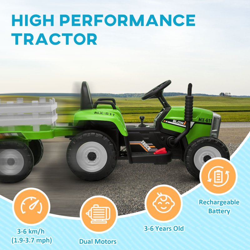 HOMCOM Electric Ride on Tractor 12V Kids Electric Car with Detachable Trailer Remote Control, Music, Horn, Lights, Start-Up Sound, for Ages 3-6 Years - Green