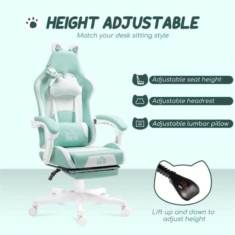 HOMCOM Gaming Chair for Adults with Cat Ears, Faux Leather Reclining Computer Chair with Footrest, Lumbar Support and Headrest, Height Adjustable Swivel Seat, Light Blue