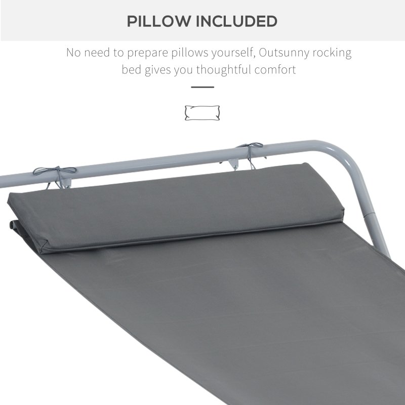 Outsunny Rocking Sun Lounger, Single Garden Lounger Sunbed with Headrest Pillows, Texteline Outdoor Rocking Chair Swing Hammock Daybed with Metal Frame for Patio, Terrace, 212 x 132 x 66 cm, Grey