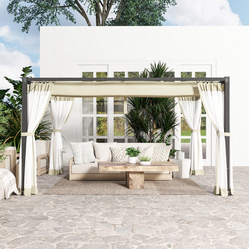 Outsunny 3 x 4 m Pergola with Retractable Roof Canopy and Netting Sidewalls, Aluminium Frame Garden Gazebo Outdoor Sun Shade Shelter for Grill, Patio, Deck, Khaki