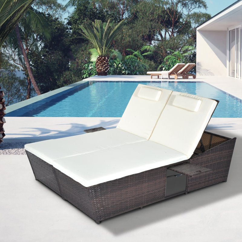Outsunny Double Rattan Sun Lounger, Garden Daybed with 5-Level Adjustable Backrest and Flip Side Trays, Wicker Outdoor Furniture Recliner with Cushions and Pillows for Patio, Cream White