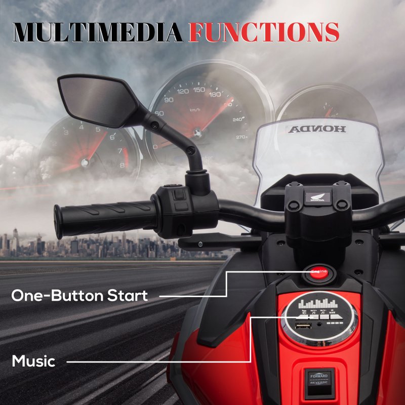 AIYAPLAY Honda Licensed 12V Kids Electric Motorbike, Ride on Motorcycle with Music, Headlights, Early Education Function, 2 Training Wheels, for 3-6 Years - Red
