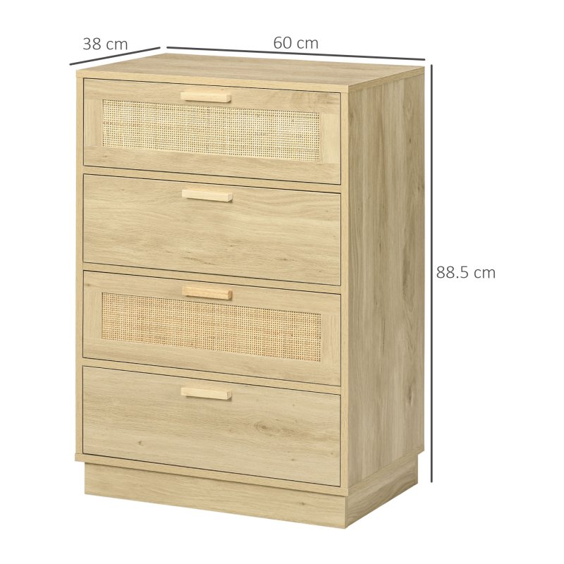 HOMCOM Bedroom Chest of Drawers, Boho Rattan Dresser with 4 Drawers, Storage Cabinet for Living Room, Hallway, Entryway, Natural Wood Finish